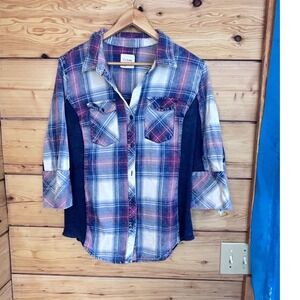 Ci Sono Plaid Button Down Shirt Purple Blue Ribbed Side Panels Women Large PTP39